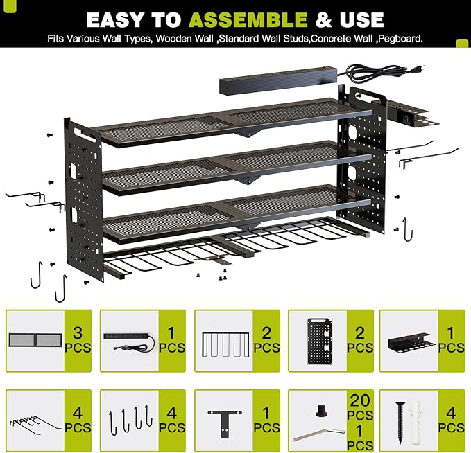 Power Tool Organizer Wall Mount with Charging Station,Cordless Tool Organizer 8 Drill Holder, 4 Layer Storage Rack for Garage Organization,Tool Holder with 8 Outlet Power Strip (Black)