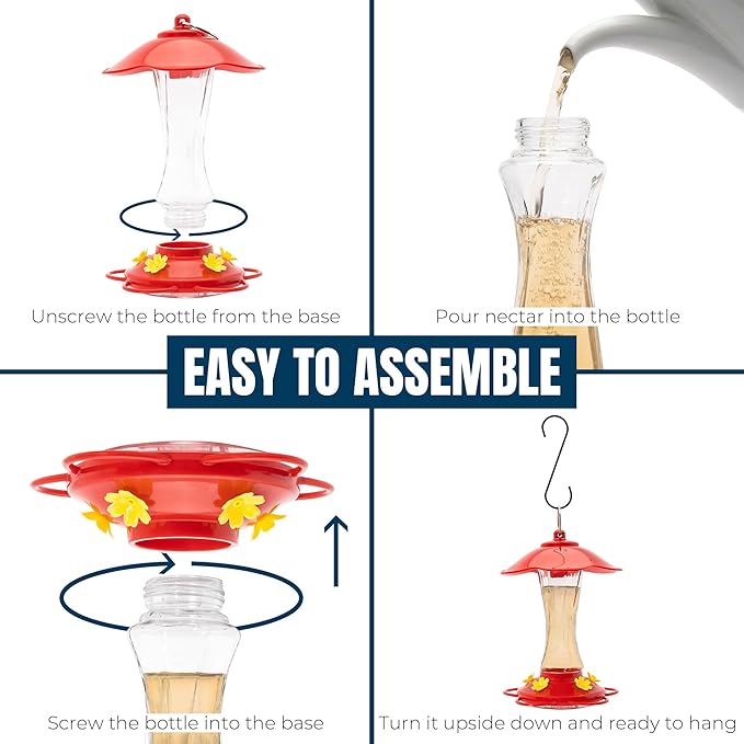 MEKKAPRO Hummingbird Feeders for Outdoors Glass - Red Hummingbird Feeders for Outdoors, Metal Ring, Bee-Proof Design, Easy Assembly, Red Hummingbird Feeder 10 oz (2-Pack)