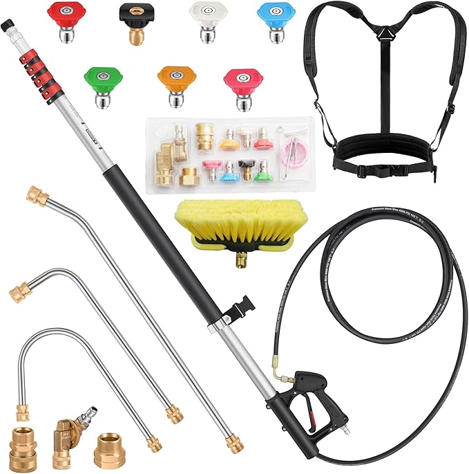 24 FT Gutter Cleaning Tools from The Ground - Telescoping Pressure Washer Wand - Gutter Cleaner Attachment with Power Washer Extension Wands, Brush, 7 Spray Nozzle Tips, 3 Hose Adapters, Support Belt
