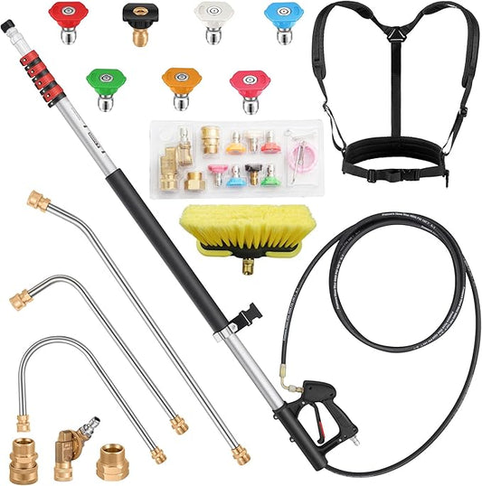 24 FT Gutter Cleaning Tools from The Ground - Telescoping Pressure Washer Wand - Gutter Cleaner Attachment with Power Washer Extension Wands, Brush, 7 Spray Nozzle Tips, 3 Hose Adapters, Support Belt