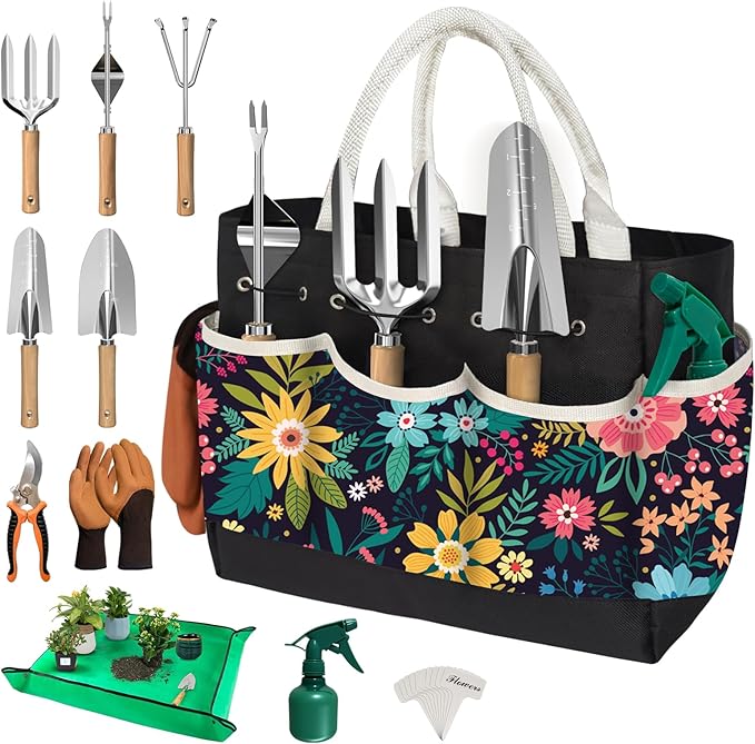 22Pcs Gardening Tools Set for Women Heavy Duty Garden Hand Tool Kit Gardener Gifts Gardening Accessories for Outdoor Plants with Tote Bag/Shovel/Repotting Mat/Plant Labels/Gloves-Black