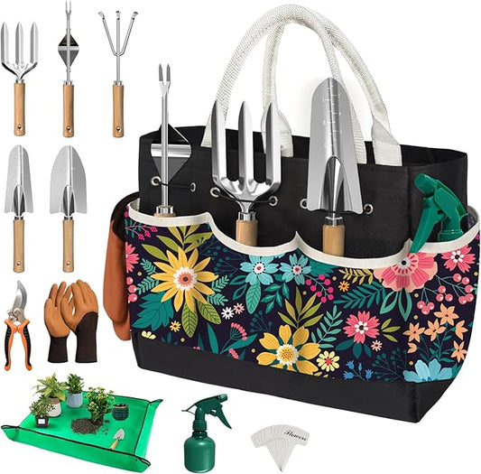 22Pcs Gardening Tools Set for Women Heavy Duty Garden Hand Tool Kit Gardener Gifts Gardening Accessories for Outdoor Plants with Tote Bag/Shovel/Repotting Mat/Plant Labels/Gloves-Black