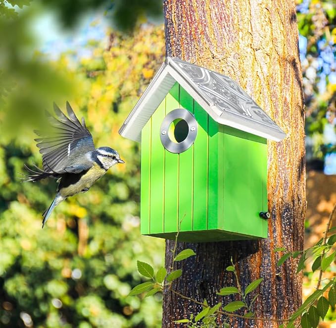 2PK Cedar Bluebird House, Wooden Bird House for Outside, 1.5" Entrance Hole Size, Stainless Steel Entrance Hole Protector, Silver Metal Roof, Colorful Garden Decorative (Green+Blue) Updated Version