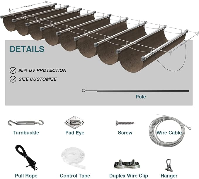 ECOOPTS 7'x31' Retractable Wave Sun Shade Canopy Pergola Cover Shade Sail Awning for Patio Porch Garden Yard Deck Outdoor (Brown)