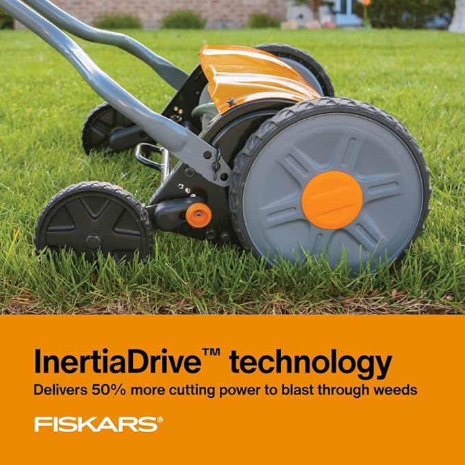 Fiskars Push Mower - 17" Cut Width Manual Reel Mower with No Motor - Grass Cutter with Steel Blades that Stay Sharp - Eco-Friendly Cordless Grass Trimmer for Lawn Care