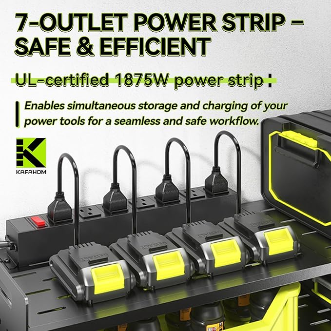 KAFAHOM Power Tool Organizer with Charging Station,9 Drill Holder Wall Mount,4 Layer Durable Metal Cordless Drill Storage for Garage Organization,Battery Tool Rack Built in 7 Outlet Power Strip Black