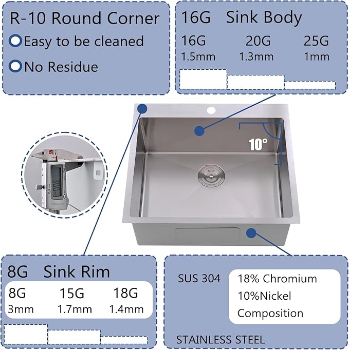 25 x 22 Inch Drop In Kitchen Sink, Topmount Stainless Steel Brushed Nickel Single Bowl Kitchen Sink, Extra-thick 16 Gauge For RV Laundry Utility with Dish Grid and Basket Strainer