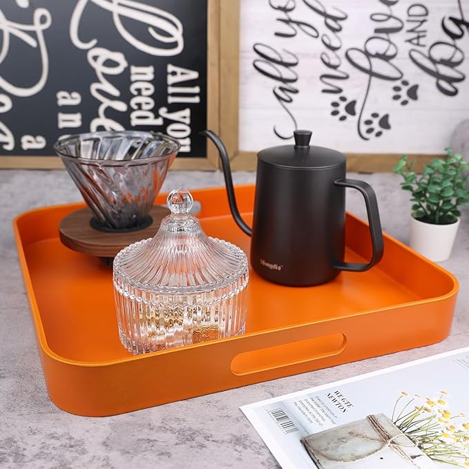 Square Orange Decorative Serving Tray with Handles, Versatile Ottoman Tray for Coffee Table, Entertaining, Outdoor Patio, Living Room, 13”*13”*1.6”