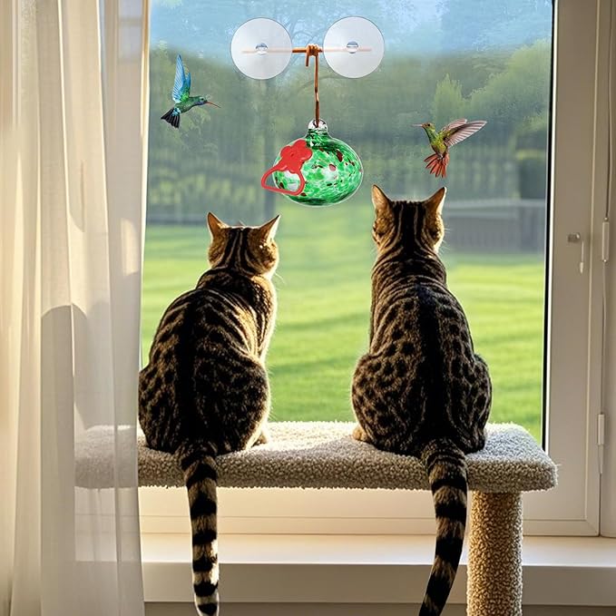 Window Hummingbird Feeder with Suction Cups,Hand-Blown Glass Hummingbird Feeders for Outdoors Window Mounted with Metal Hook,Close Bird Watching,Finch in Garden,Yard(Green)