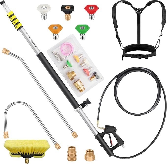 24 FT Telescoping Pressure Washer Wand Extension, Aluminum Power Washer Extension Wand with Brush Head, 5 Nozzle Tips, 2 Adapters, Support Belt, Gutter Cleaning Tools from The Ground