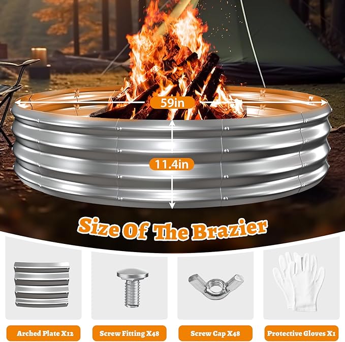 Metal Fire Pit Ring/Bonfire Fire Ring- 5 FT Diameter, 0.8 MM Thick,1 ft High, Durable and Stylish for Outdoor Fire Pits,Patios and Camping (Silver, 5X5X1 ft)