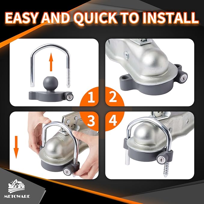 METOWARE Trailer Coupler Lock Universal Adjustable Heavy-Duty Steel Trailer Hitch Lock, Anti Theft Trailer Ball Lock Towing Lock for Towing Caravan Trailer Security Fits 1-7/8",2”, 2-5/16" Coupler