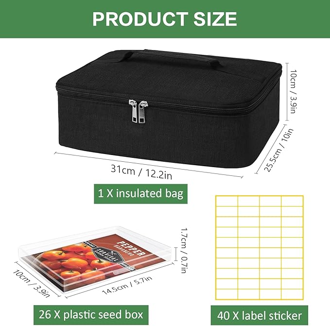 26 Slots Seed Storage Organizer Box with Insulated Bag That Holds 80-200 Seed Envelopes, Oxford Cloth Garden Seed Containers with Labels, Seed Packet Organizer for Plant, Flower ,Vegetable Seeds