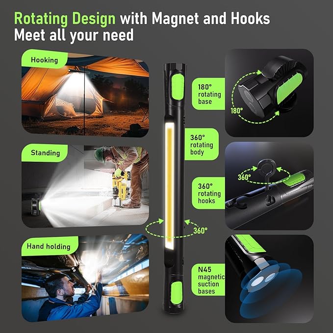 2 Pcs Work Light for Mechanic,Magnetic Light Bar,5400mAh Rechargeable,3200LM LED Work Lights Cordless UnderhoodLight with Hooks Portable Automotive Tools for Car Garage Shop Emergency,Present for Him