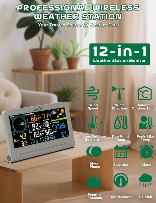 SQECH Weather Station,Weather Stations Wireless Indoor Outdoor with 7-in-1 Outdoor Sensor,Home Weather Station with Weather Forecast,Temp&Humidity,Rain Gauge,Wind,Moon Phase,Calendar,Alarm Clock