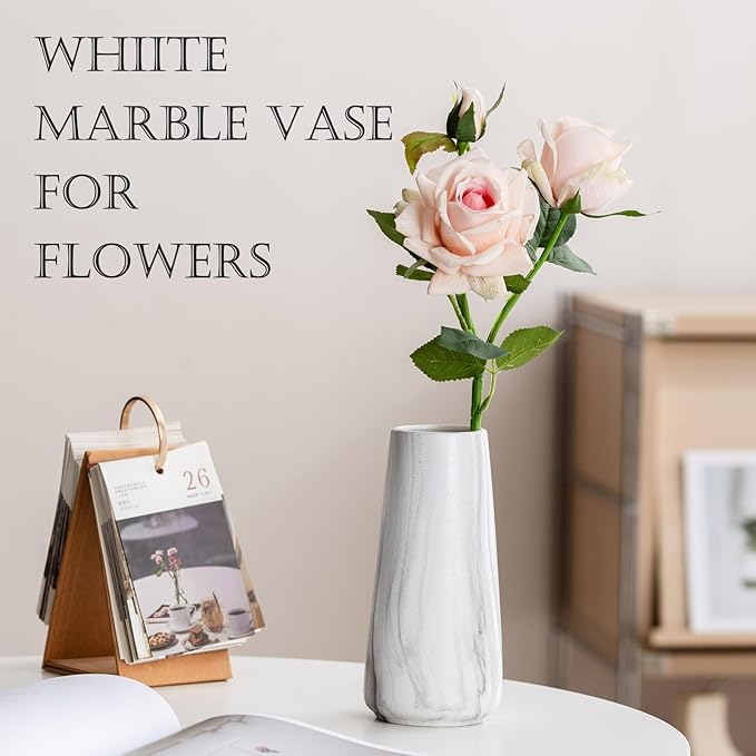 Marble White Vase - 8" Big White Ceramic vase for Flower, Boho Vases for Pampas Grass, Minimalist Modern vases for Home Decor, Table Shelf Living Room Farmhouse Decor