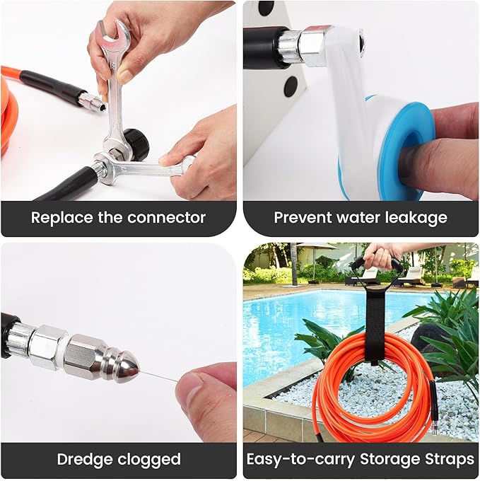 200FT Pressure Washer Sewer Jetter Kit, 5800 PSI Water Jet Drain Cleaner Hose with Corner Rotating Button Nose Nozzle, 1/4 Inch NPT, Sewer Jetter Nozzles Kit with Spanner Handle Strap