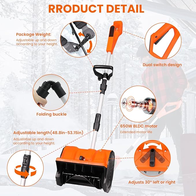 13" Cordless Snow Shovel, 2x 48V 600W Motor 4-Ah Battery Powered Snow Blower 8" Depth Electric Snow Shovel with Directional Plate Adjustable Front Handle (4-Ah Battery & Quick Charger Included) Orange