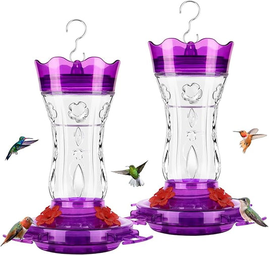 2 Pack Hummingbird Feeders for Outdoors, Built-in Ant Moat & Leakproof, XAROO Glass Hummingbird Feeder with 4 Bee Guard Feeding Ports, Outdoor Garden Décor, 15OZ, Purple