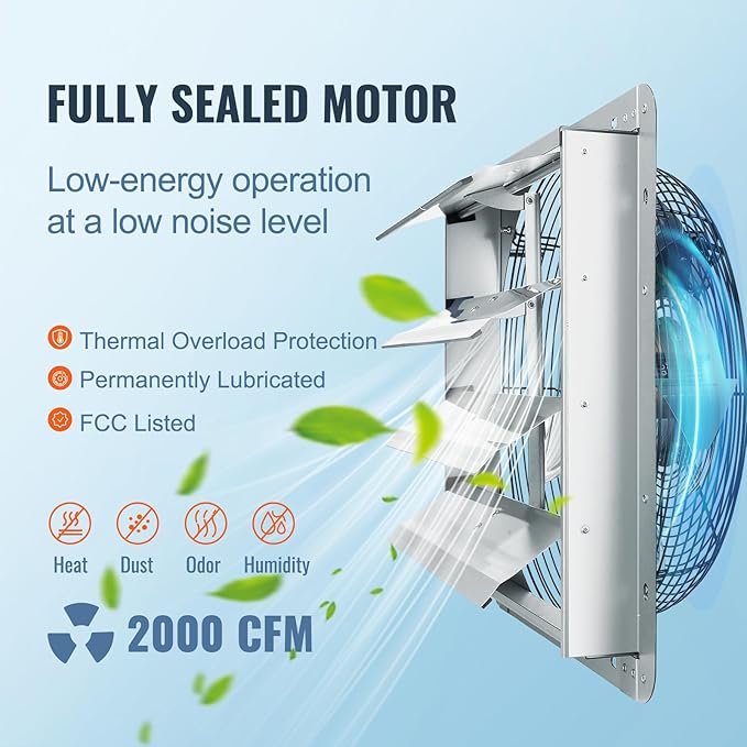 VEVOR Shutter Exhaust Fan, 16'' with High Speed, AC-motor, 2000 CFM, Wall Mount Attic Fan, Ventilation and Cooling for Greenhouses, Garages, Sheds, FCC