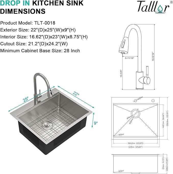 25" Drop In Kitchen Sink with Faucet Combo - 25x22 Kitchen Sinks Drop In and Faucet Combo Set Workstation 16 Gauge Stainless Steel Topmount Single Bowl Over Counter Sinks Basin #TLT-0018