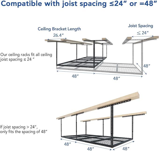 FLEXIMOUNTS 4x8 Overhead Garage Storage Rack, Adjustable Organization System, Heavy-Duty Metal Ceiling Racks, 750lbs Weight Capacity, Hammertone