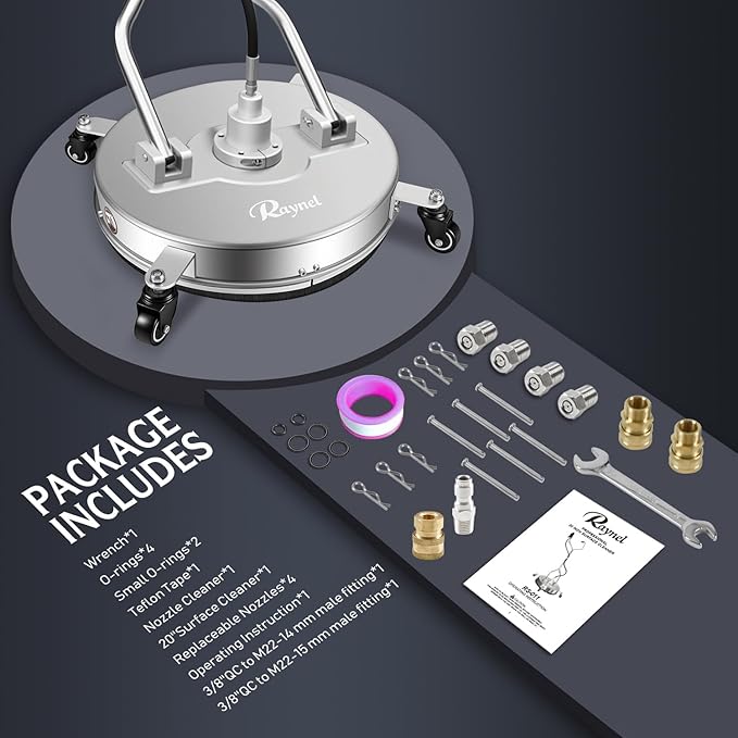 RAYNEL 20'' Pressure Washer Surface Cleaner with 4 Wheels, Dual Handle, Stainless Steel Housing, 2 Hose Adapters, 4 Replacement Nozzles