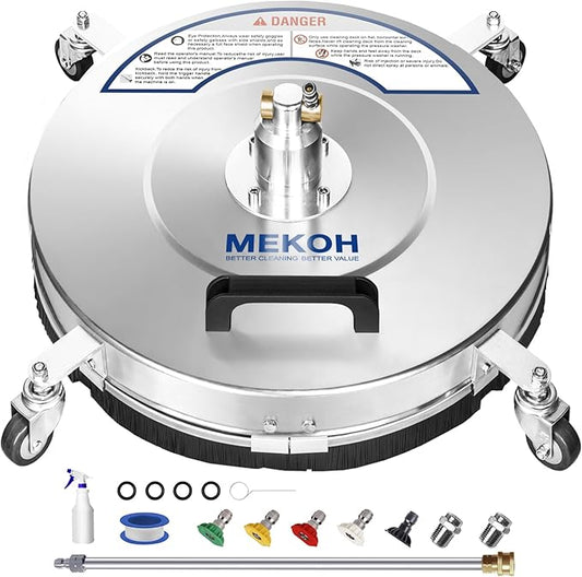 MEKOH 18" Pressure Washer Surface Cleaner 4500 PSI，4 Wheels Stainless Steel Power Washer Attachment for Driveway Sidewalk Patio Concrete Cleaning, 1/4'' Quick-Connect, 1 Extension Wand&5 Spray Nozzles