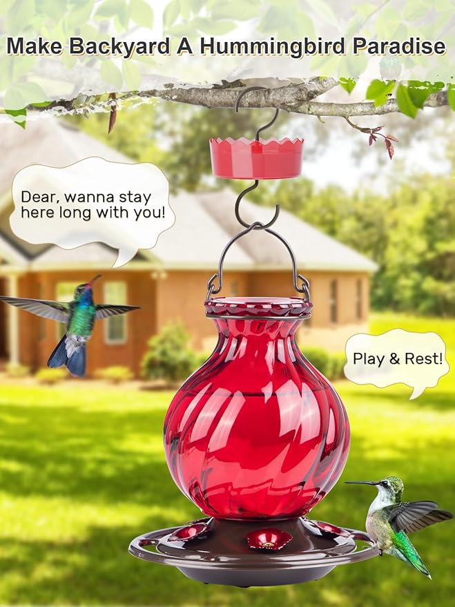 Hummingbird Feeder, Auslar 26 Ounces Glass Hummingbird Feeders for Outdoors Hanging Ant and Bee Proof, Ant Moat & 5 Flower Feeding Ports, Rustproof, Leakproof, Netted Flower Bud Shape Bottle, Red