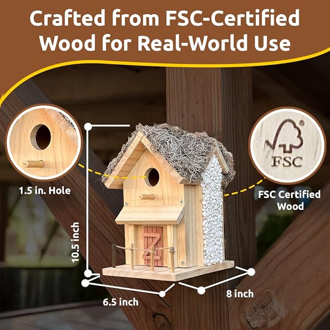 SparkJump Cottage Birdhouse Kit - Easy DIY Bird House for Outdoors, Cedar Roof & Front Porch, Natural Stones, FSC Certified Wood, Fun Family Crafting Project