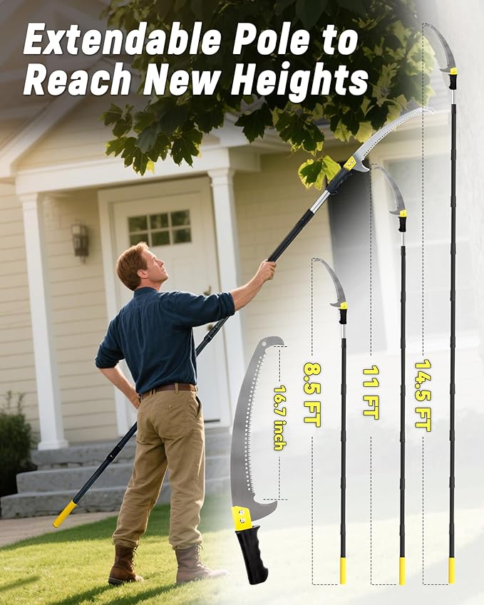 11FT Pole Saw with Adjustable Length for Tree Trimming, Lightweight Manual Pruning Saw with Mn Steel Blade, Long Extension Branch Cutter Pole Pruner for Yard, Garden, Patio and Forestry Use