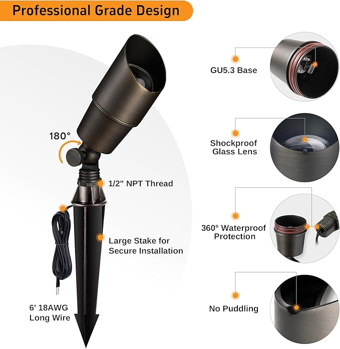 Spot Light Brass - Outdoor Landscape Spotlights 12V, LED Low Voltage Landscaping Uplights, All Weather Hard-Wired Bronze for Backyard Lawn with Warm White Changeable Bulbs (8 Pack)