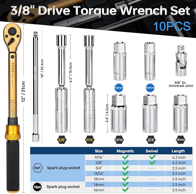 10PCS Full Magnetic Spark Plug Socket Set with 3/8" Drive Torque Wrench (5-50 FT.LB/6.8-67.8Nm), Swivel Magnetic Spark Plug Removal Kit Includes 14, 16, 18mm& 9/16, 5/8, 3/4, 13/16 Inch Sockets