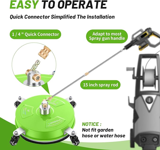 14" Pressure Washer Surface Cleaner with 4 Wheels - Coated Green Stainless Steel Surface Cleaner for Pressure Washer Attachment for Concrete, Patio, Sidewalk, Deck and Driveways - PWS14G