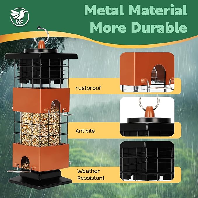 Metal Squirrel Proof Bird Feeder for Outdoors, 2.5LB Hanging Wild Bird Feeder, Weight Activated Mechanism, Weatherproof and Rust-Resistant, Ideal for Cardinals, Finches, and Songbirds