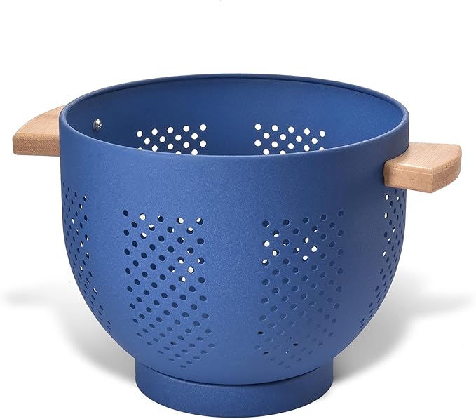 Metal Colander with Wood Handle, 5.5 Quart Powder Coated Steel Large Kitchen Strainer Stable Base,(Deep Blue, 11.26inch)