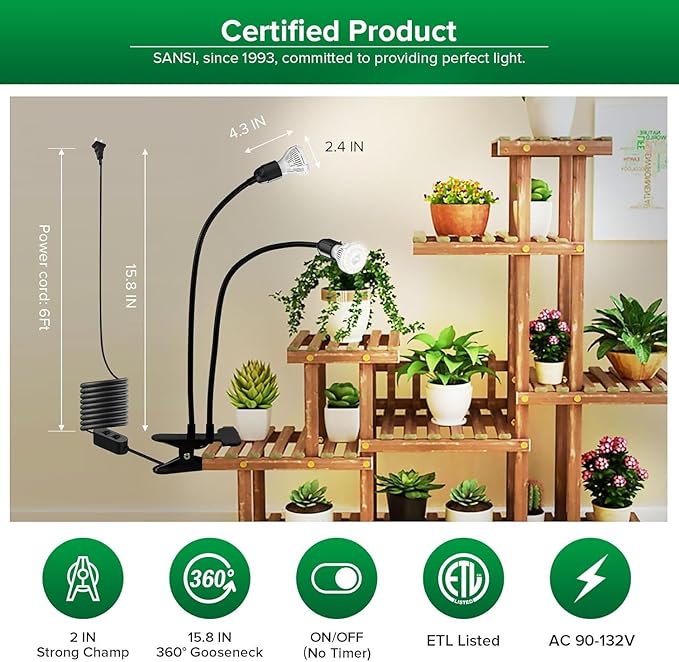 SANSI LED Grow Lights for Indoor Plants, Lifetime Free Bulb Replacement, 300W Full Spectrum Dual Gooseneck Clip Plant Grow Light with Optical Lens for High PPFD Growing Power Lamp