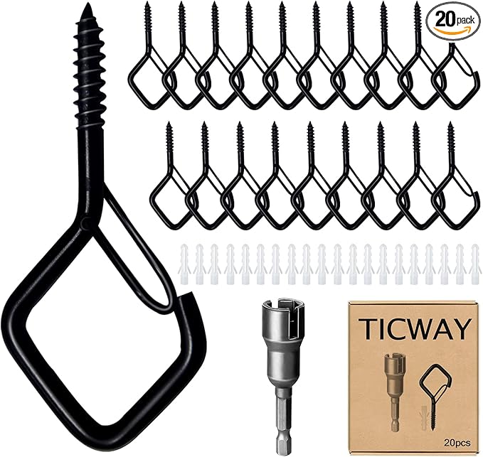 20 PCS Q-Hanger Hooks for String Lights, Ceiling Hooks for Hanging Plants, Wind Chimes, Bird Feeders, Lanterns, Christmas Decorations (Square Hanger) Black