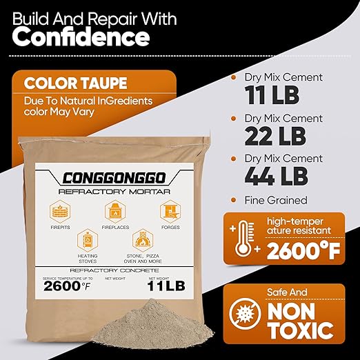 11 LBS Refractory Mortar, 2600°F High Temperature Mortar for Masonry -Fire Refractory Cement Patch for Fireplace Brick, Fire Pit, Kiln, Forge & Pizza Oven Repair- No Heat Cure, Air Set Formula