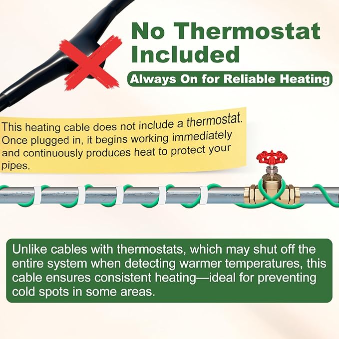 HEATIT Heat Tape for Water Pipe Freeze Protection Self-Regulating Heat Cable for Metal And Plastic Pipes Roof & Gutters De-Icing Heating Trace Tape Anti-Freeze Pipe Heater System 6ft Lighted Plug 7FT