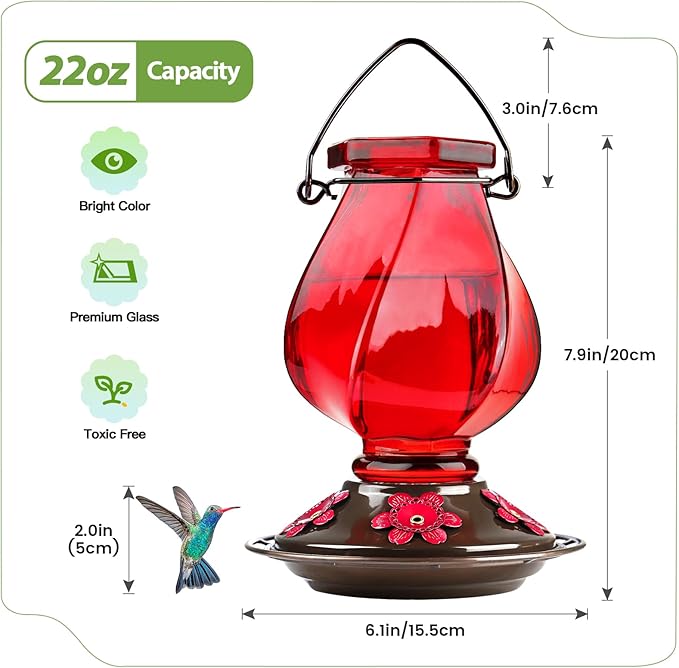 Hummingbird Feeder, BOLITE Glass Hummingbird Feeders for Outdoors Hanging, with Ant Moat and Five Feeding Ports, 22 Ounces, Leak Proof, Red, Birthday Gifts for Women Men, Gifts for Mom Dad