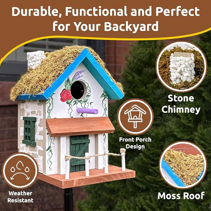 SparkJump Cottage Birdhouse Kit - Easy DIY Bird House for Outdoors, Cedar Roof & Front Porch, Natural Stones, FSC Certified Wood, Fun Family Crafting Project