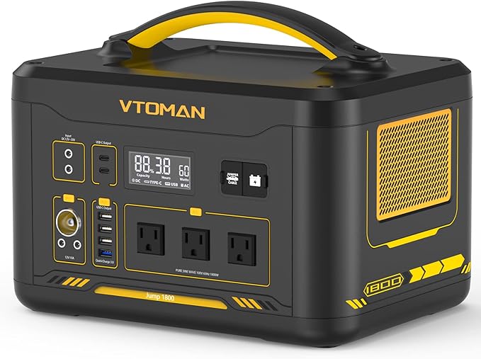 VTOMAN Jump 1800 Portable Power Station, 1548Wh LiFePO4 Solar Generator 1800W (Peak 3600W) Constant-Power Battery Power Station, Regulated 12V DC, 2 PD 100W Type-C for Home Backup & RV/Van Camping