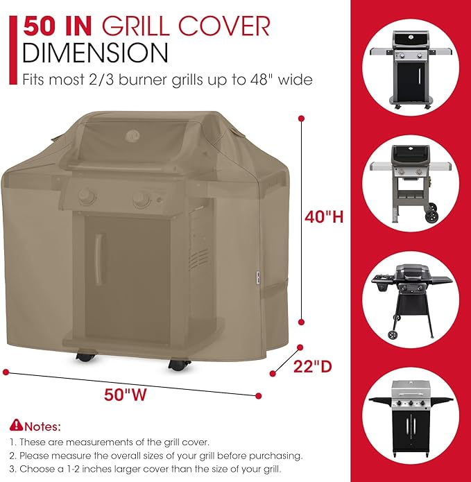Unicook 50 Inch Grill Cover for Outdoor Grill, Gas BBQ Cover with Sealed Seam for Weber Charbroil Nexgrill etc, Heavy Duty Waterproof Fade Resistant, Neutral Taupe