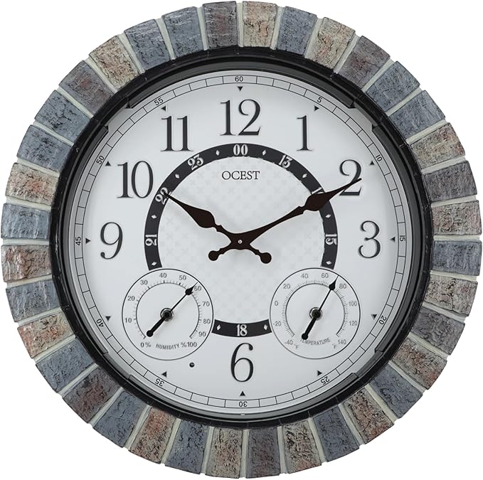 OCEST 18 Inch Large Outdoor Clock Waterproof Thermometer Hygrometer Combo Night Light Illuminated Wall Clocks Battery Operated Silent Non-Ticking Ideal Patio Clock for Garden Pool Porch Yard Garage