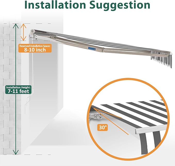MCombo 9.9x7.8 Feet Manual Retractable Patio Door Window Awning Sunshade Shelter Outdoor Canopy, 0810 (Grey with White Stripes, 9.9'(L) x 7.8'(W))
