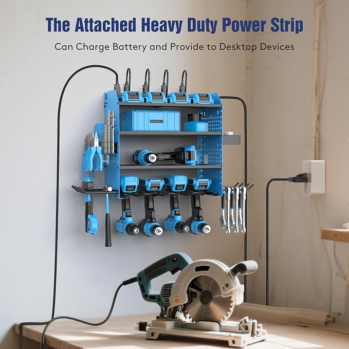 Heavy Duty Power Tool Organizer Wall Mount with Charging Station, 4 Layer Garage Storage Adjustable Shelves Height, Holds 4 Drills, 2 Hooks, Screw & Screwdriver box, Gifts for Fathers Day, Anniversary