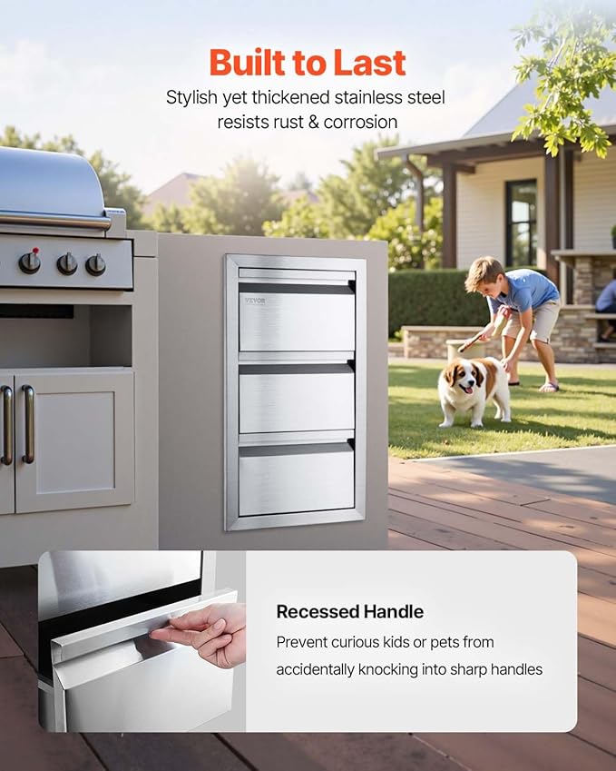 VEVOR Outdoor Kitchen Drawers 14.7" W x 25.4" H x 18.7" D, Box Frame Style Flush Mount BBQ Drawers with Stainless Steel Handle, BBQ Island Drawers for Outdoor Kitchens or Patio Grill Station