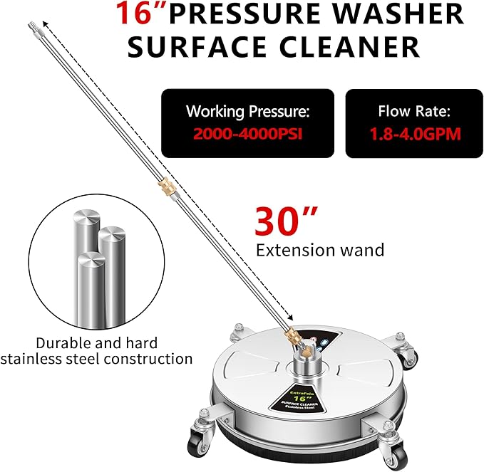 16" Pressure Washer Surface Cleaner Pro with 4 Wheels, Stainless Steel Surface Cleaner for Pressure Washer, 2 Extension Wands, Power Washer Surface Cleaner for Concrete Driveway, 3000 PSI