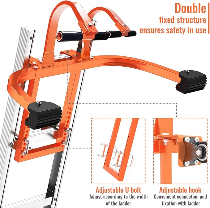 2 in 1 Ladder Hooks for Roof Ridge Heavy Duty Steel Ladder Roof Hook with Rubber Grip T-Bar for Damage Prevention, Extension Ladder Stabilizer 550 lbs Load Capacity